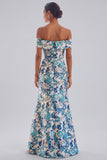 Off the Shoulder Blue Floral Mermaid Wedding Guest Dress with Slit