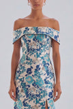 Off the Shoulder Blue Floral Mermaid Wedding Guest Dress with Slit