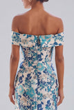 Off the Shoulder Blue Floral Mermaid Wedding Guest Dress with Slit