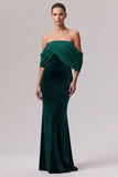 Dark Green Mermaid Off the Shoulder Ruched Velvet Formal Dress