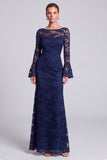 Navy Lace Illusion Neck Mermaid Long Sleeve Mother of the Bride Dress