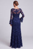 Navy Lace Illusion Neck Mermaid Long Sleeve Mother of the Bride Dress