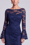 Navy Lace Illusion Neck Mermaid Long Sleeve Mother of the Bride Dress