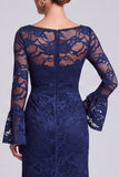 Navy Lace Illusion Neck Mermaid Long Sleeve Mother of the Bride Dress