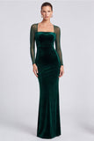 Velvet Mermaid Dark Green Square Neck Long Sleeve Formal Dress