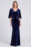 Navy Velvet V-Neck Half Sleeve Mermaid Mother of the Bride Dress