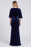 Navy Velvet V-Neck Half Sleeve Mermaid Mother of the Bride Dress
