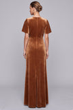 Brown V-Neck Velvet Maxi Dress with Short Sleeves