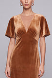 Brown V-Neck Velvet Maxi Dress with Short Sleeves