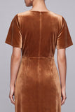Brown V-Neck Velvet Maxi Dress with Short Sleeves