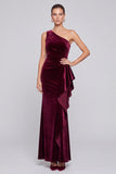 One Shoulder Velvet Burgundy Formal Dress with Side Sash