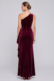 One Shoulder Velvet Burgundy Formal Dress with Side Sash