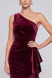 One Shoulder Velvet Burgundy Formal Dress with Side Sash