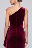 One Shoulder Velvet Burgundy Formal Dress with Side Sash