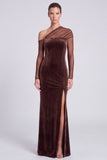 Coffee Velvet Mermaid Asymmetrical Neck Long Sleeve Formal Dress with Slit