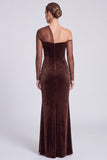 Coffee Velvet Mermaid Asymmetrical Neck Long Sleeve Formal Dress with Slit