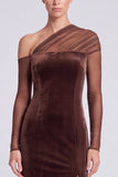 Coffee Velvet Mermaid Asymmetrical Neck Long Sleeve Formal Dress with Slit
