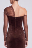 Coffee Velvet Mermaid Asymmetrical Neck Long Sleeve Formal Dress with Slit