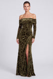 Off the Shoulder Burnout Velvet Olive Mermaid Formal Dress with Slit