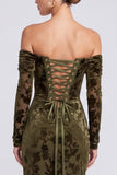 Off the Shoulder Burnout Velvet Olive Mermaid Formal Dress with Slit