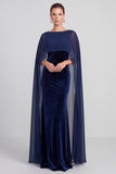 Navy Velvet Mermaid Bateau Neck Long Formal Dress with Cape