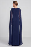 Navy Velvet Mermaid Bateau Neck Long Formal Dress with Cape