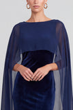 Navy Velvet Mermaid Bateau Neck Long Formal Dress with Cape