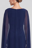 Navy Velvet Mermaid Bateau Neck Long Formal Dress with Cape