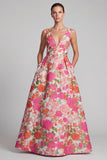 Pink Floral Jacquard V-Neck Maxi Dress