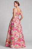 Pink Floral Jacquard V-Neck Maxi Dress
