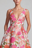Pink Floral Jacquard V-Neck Maxi Dress