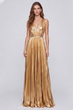 Metallic Gold V-Neck Pleated A Line Long Formal Dress