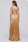 Metallic Gold V-Neck Pleated A Line Long Formal Dress