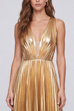 Metallic Gold V-Neck Pleated A Line Long Formal Dress
