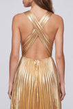 Metallic Gold V-Neck Pleated A Line Long Formal Dress