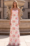 Floral Pink Strapless Sheath Sequin Prom Dress with Back Bow
