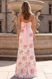 Floral Pink Strapless Sheath Sequin Prom Dress with Back Bow