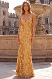 Sparkly Gold Mermaid Spaghetti Straps Long Prom Dress with Lace-up Back