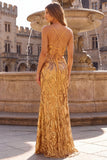 Sparkly Gold Mermaid Spaghetti Straps Long Prom Dress with Lace-up Back