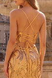 Sparkly Gold Mermaid Spaghetti Straps Long Prom Dress with Lace-up Back