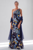 One Shoulder Floral Sequin Navy A Line Maxi Dress with Shawl