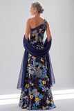 One Shoulder Floral Sequin Navy A Line Maxi Dress with Shawl