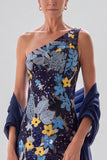 One Shoulder Floral Sequin Navy A Line Maxi Dress with Shawl