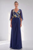 Floral Sequin Navy V-Neck Chiffon Mother of the Bride Dress with Cape