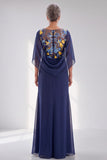 Floral Sequin Navy V-Neck Chiffon Mother of the Bride Dress with Cape