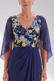 Floral Sequin Navy V-Neck Chiffon Mother of the Bride Dress with Cape