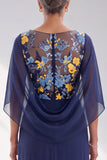 Floral Sequin Navy V-Neck Chiffon Mother of the Bride Dress with Cape