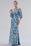Blue Floral V-Neck Mermaid Mother of the Bride Dress with 3/4 Sleeves