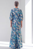 Blue Floral V-Neck Mermaid Mother of the Bride Dress with 3/4 Sleeves