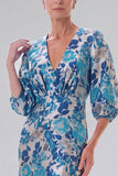 Blue Floral V-Neck Mermaid Mother of the Bride Dress with 3/4 Sleeves